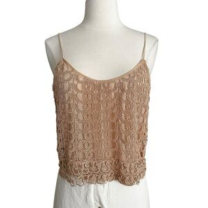 BONNIE STRAUSS Y2K Crocheted Cropped Tan Cami Top Bohemian Cottagecore Mesh Sz M